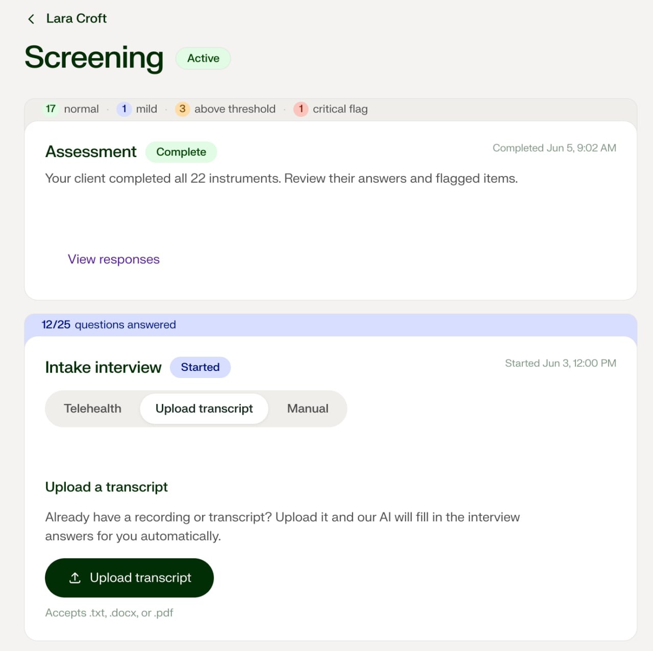 Client screening status — completed assessment with instrument flags